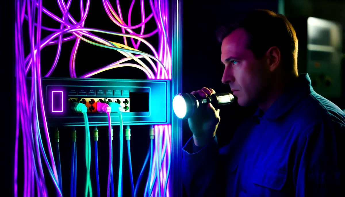 A mechanic with a flashlight inspecting a tangled patch panel of glowing violet and cyan cables, one cable in the wrong socket.